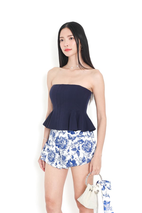 (PREORDER) *TPZ* FORTUNA HIGH WAISTED SHORTS (PETITE) IN TOILE DE FATE BLUE