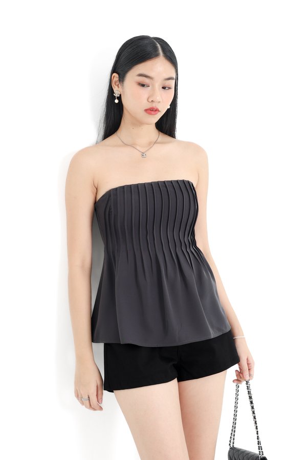 *TPZ* HESTER LONGLINE PLEATED TOP IN GUNMETAL OAK