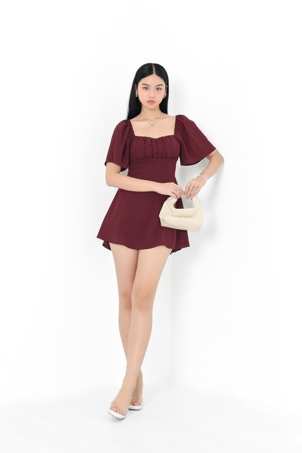 *TPZ* DESSA FLUTTER SLEEVES DRESS ROMPER WITH DETACHABLE SHORTS IN DEEP BURGUNDY