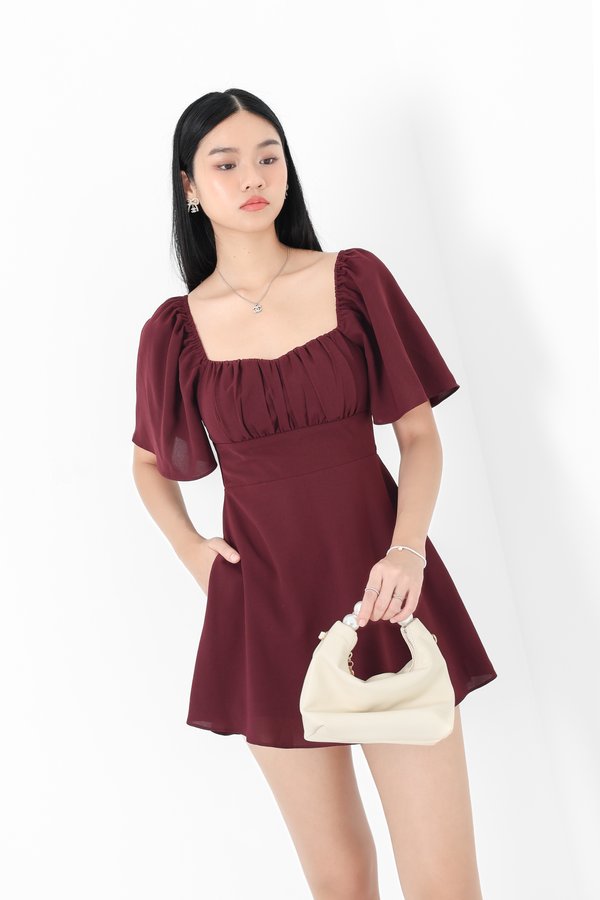 *TPZ* DESSA FLUTTER SLEEVES DRESS ROMPER WITH DETACHABLE SHORTS IN DEEP BURGUNDY