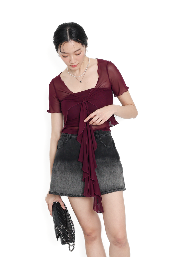 (PREORDER) *TPZ LUXE MESH* CALLY 2 PC MESH SHORT SLEEVES SET IN DEEP BURGUNDY