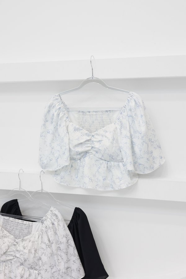 *TPZ* CLOVER BABY PEPLUM FLUTTER TOP IN TOILE DE RIBBON BABY BLUE