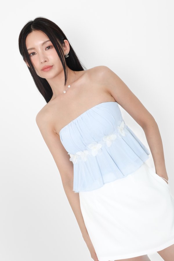 *TPZ LUXE MESH* WHISPER MESH BABYDOLL TOP WITH SEPARATE ROSE SASH IN BABY BLUE