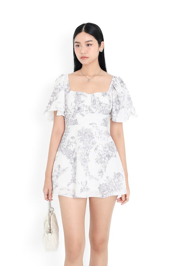 *TPZ* DESSA FLUTTER SLEEVES DRESS ROMPER WITH DETACHABLE SHORTS IN TOILE DE AFFINITY GREY LAVENDE