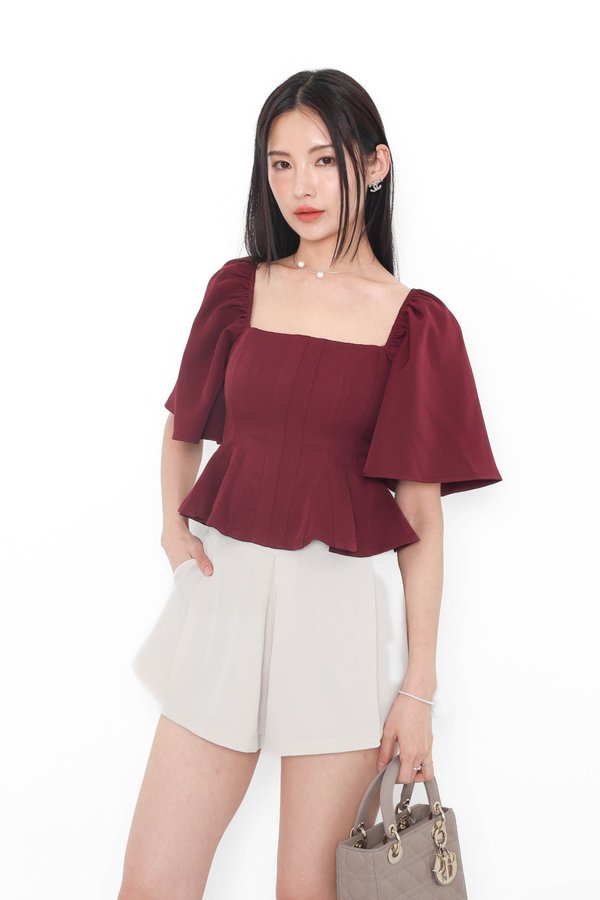 (PREORDER) *TPZ* HUNDRED PETALS FLUTTER SLEEVES TOP IN BURGUNDY