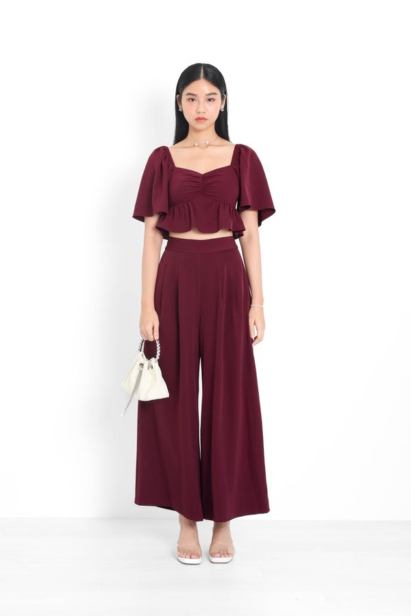 (PREORDER) *TPZ* ACE HIGH WAISTED FLOWY PANTS (PETITE) IN DEEP BURGUNDY