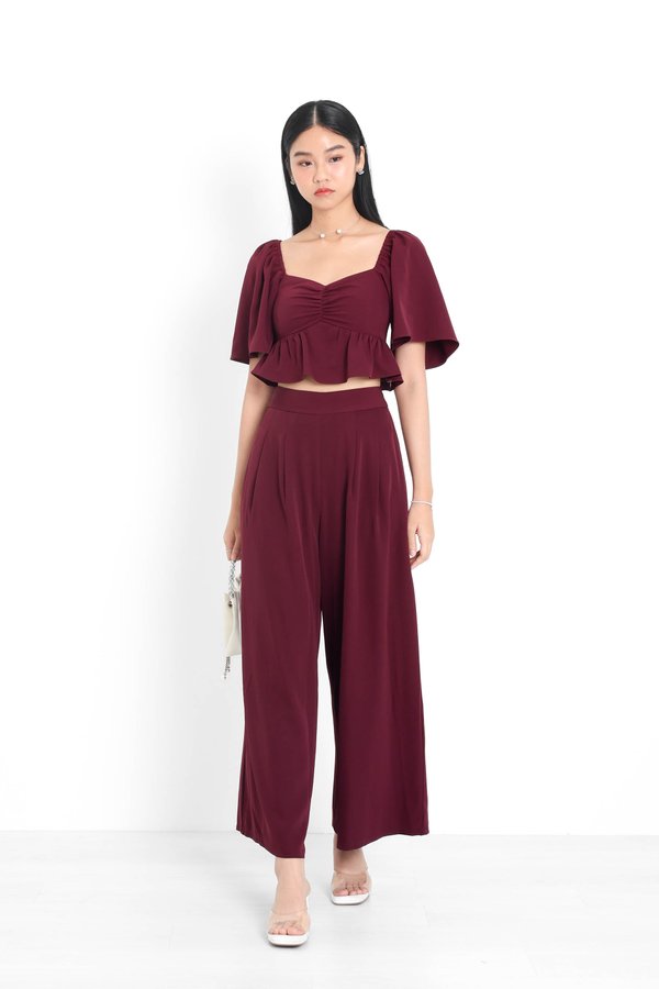 *TPZ* ACE HIGH WAISTED FLOWY PANTS (PETITE) IN DEEP BURGUNDY