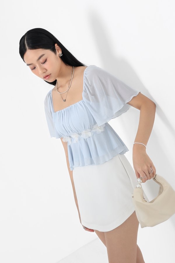 *TPZ LUXE MESH* WHISPER MESH FLUTTER SLEEVES BABYDOLL TOP WITH SEPARATE ROSE SASH IN BABY BLUE