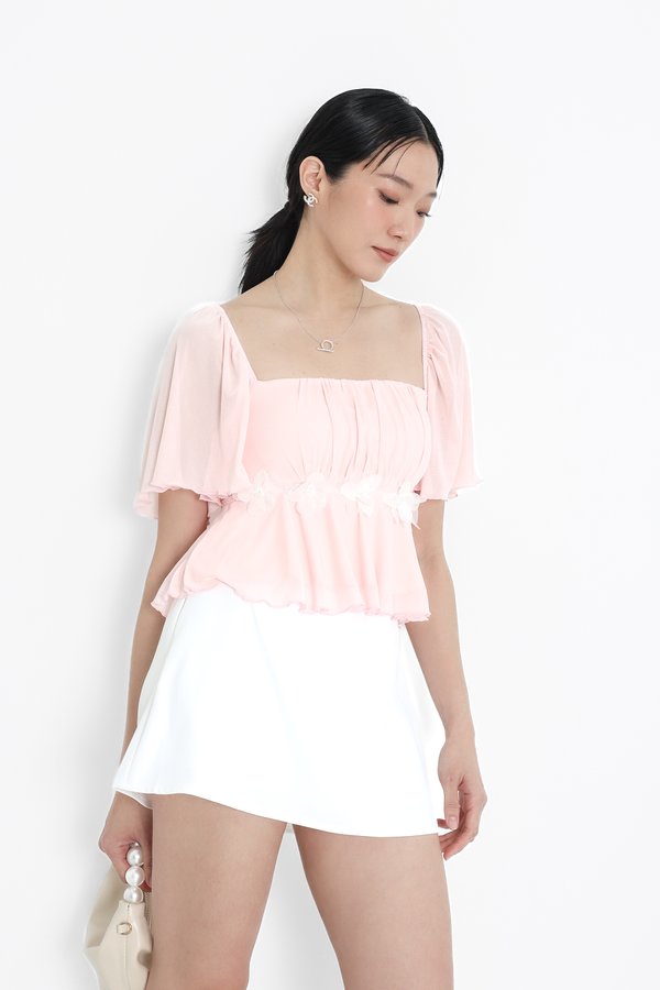 *TPZ LUXE MESH* WHISPER MESH FLUTTER SLEEVES BABYDOLL TOP WITH SEPARATE ROSE SASH IN ICE PINK