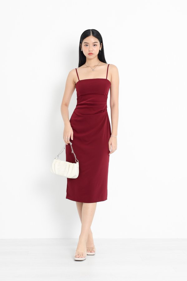 (PREORDER) *TPZ* KIRA RUCHED MIDI DRESS IN WINE