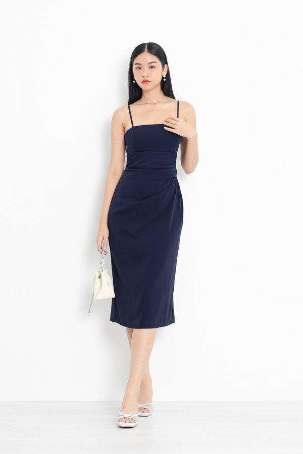 *TPZ* KIRA RUCHED MIDI DRESS IN MIDNIGHT NAVY