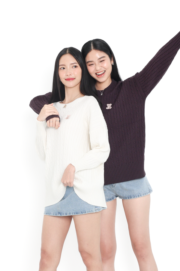 *TPZBEAR* CABLE KNIT SOFT OVERSIZED PULLOVER TOP IN WHITE