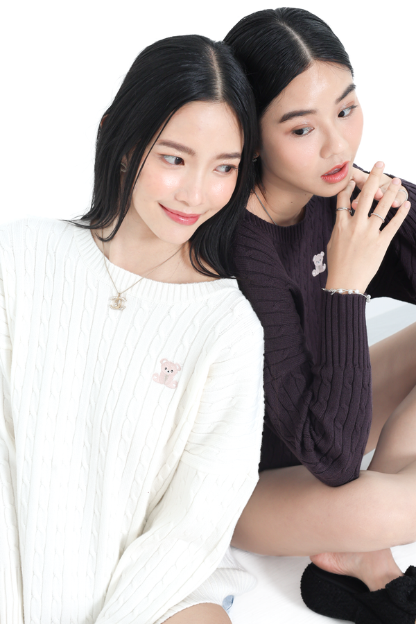 *TPZBEAR* CABLE KNIT SOFT OVERSIZED PULLOVER TOP IN WHITE