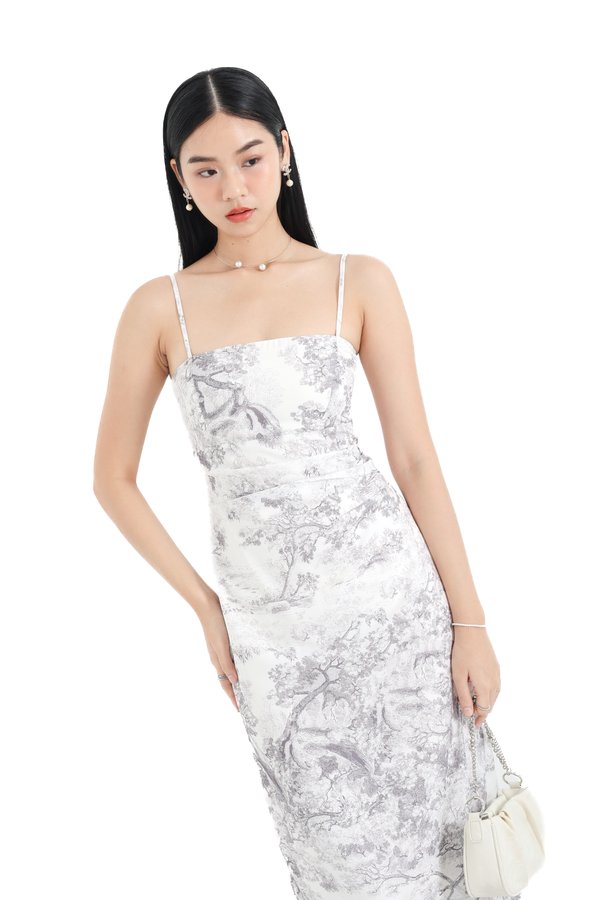 (PREORDER) *TPZ* KIRA RUCHED MIDI DRESS IN TOILE DE SECRET CHAMPAGNE GREY