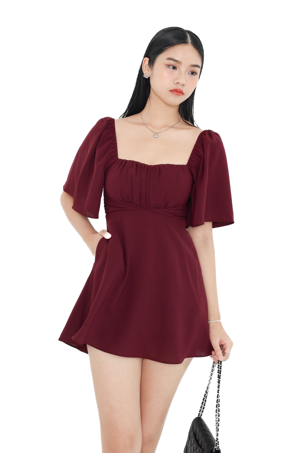 *TPZ* MINI KAS SWEETHEART FLUTTER SLEEVES DRESS ROMPER IN DEEP BURGUNDY