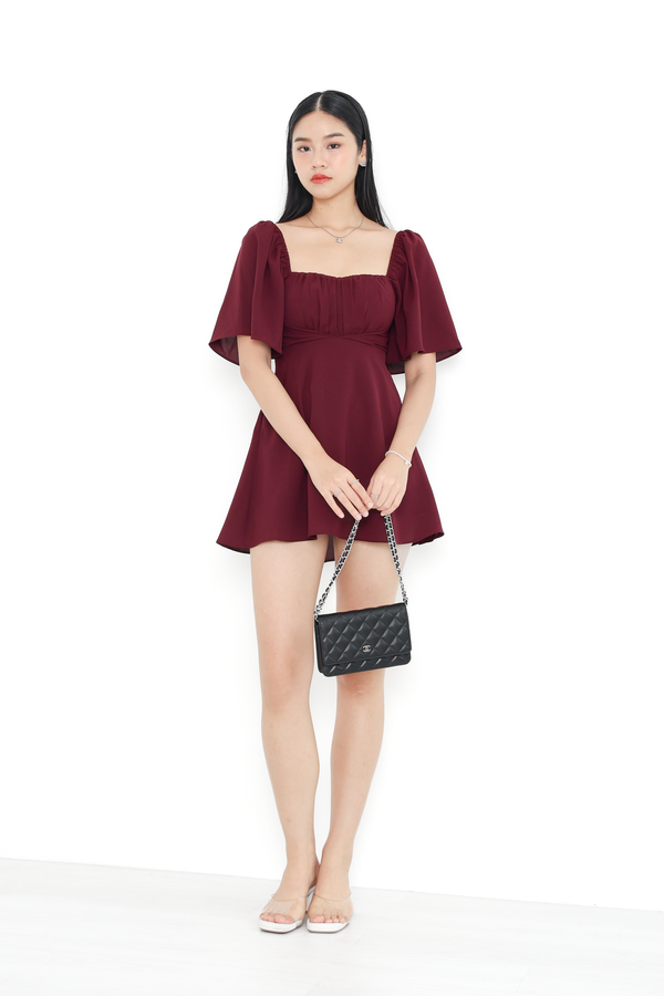 *TPZ* MINI KAS SWEETHEART FLUTTER SLEEVES DRESS ROMPER IN DEEP BURGUNDY