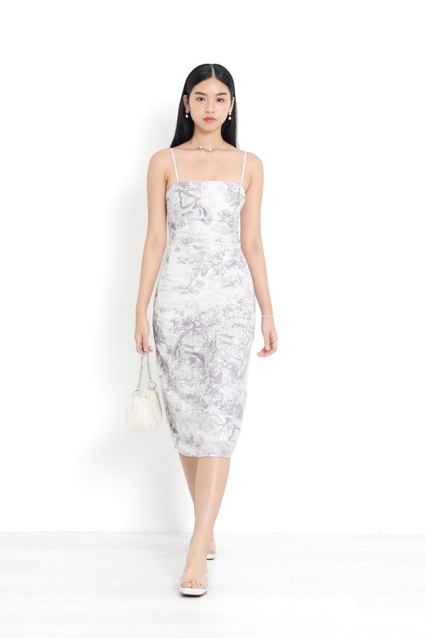 (PREORDER) *TPZ* KIRA RUCHED MIDI DRESS IN TOILE DE SECRET CHAMPAGNE GREY