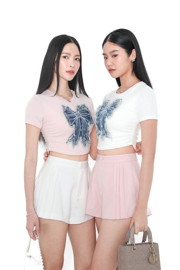 *TPZ* PERFECT RUCHED SHORT SLEEVES TOP WITH EMBROIDERY DENIM RIBBON IN ICE PINK