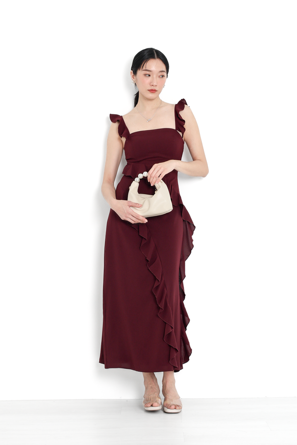 *TPZ* VELS RUFFLES MAXI DRESS IN DEEP BURGUNDY