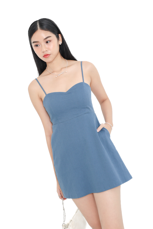 *TPZ* CREST DENIM DRESS ROMPER WITH DETACHABLE SHORTS IN DENIM BLUE