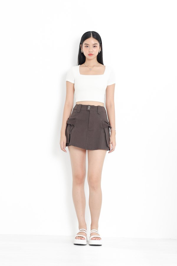 *TPZ* RIVELLE DENIM CARGO SKORTS (PETITE) IN GUNMETAL OAK