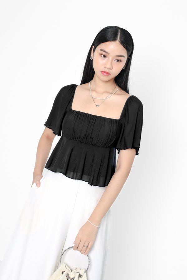 (PREORDER) *TPZ LUXE MESH* WHISPER MESH FLUTTER SLEEVES BABYDOLL TOP 2.0 IN BLACK