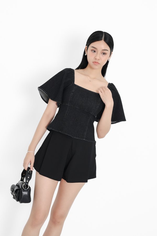 (PREORDER) *TPZ* MON CHERIE DENIM SLEEVED TOP IN BLACK WASH