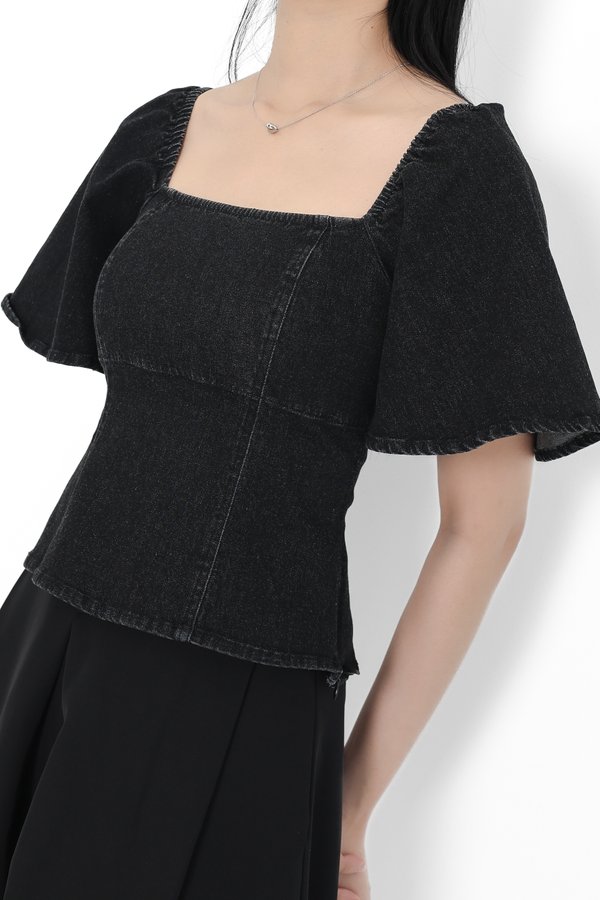 (PREORDER) *TPZ* MON CHERIE DENIM SLEEVED TOP IN BLACK WASH