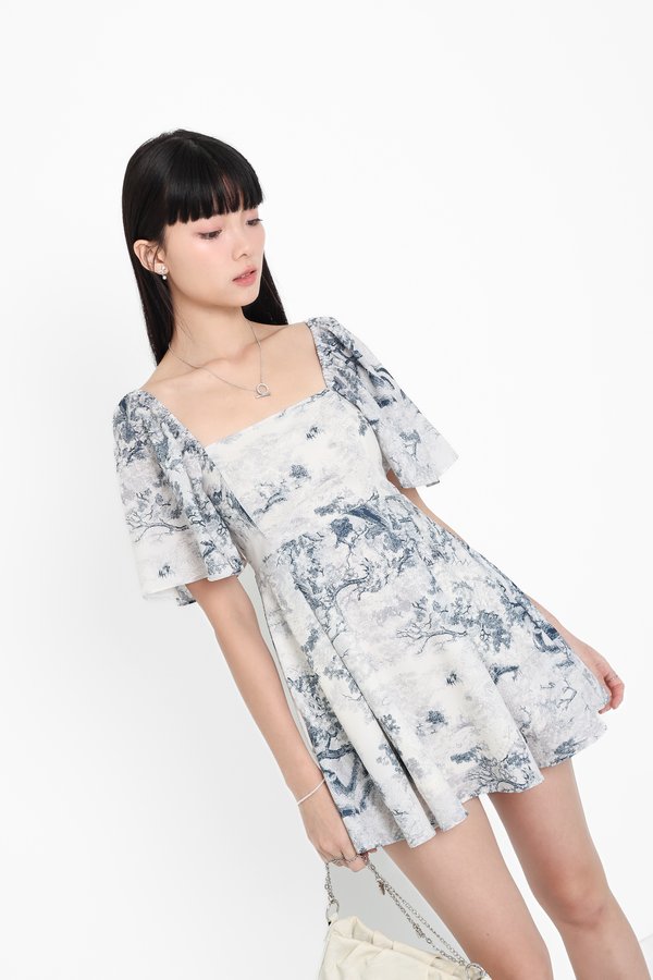 *TPZ* ELLE FLUTTER SLEEVES DRESS ROMPER 2.0 WITH DETACHABLE SHORTS IN TOILE DE SECRET VINTAGE BLUE