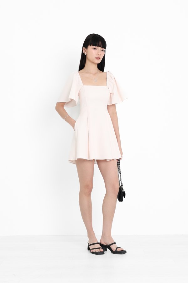 *TPZ* ELLE FLUTTER SLEEVES DRESS ROMPER 2.0 WITH DETACHABLE SHORTS IN CHAMPAGNE PEARL