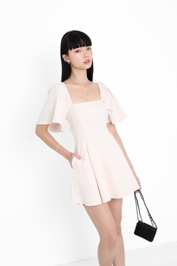 *TPZ* ELLE FLUTTER SLEEVES DRESS ROMPER 2.0 WITH DETACHABLE SHORTS IN CHAMPAGNE PEARL