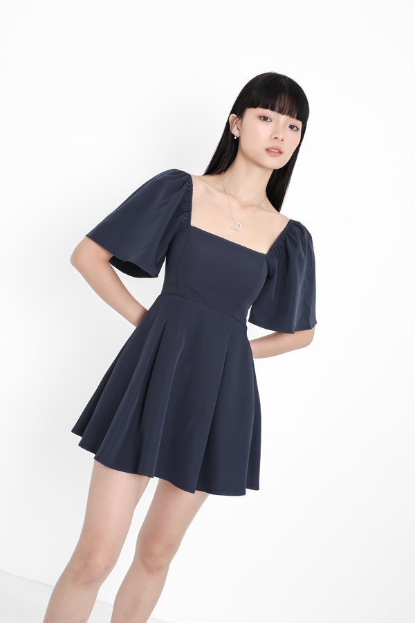 *TPZ* ELLE FLUTTER SLEEVES DRESS ROMPER 2.0 WITH DETACHABLE SHORTS IN GUNMETAL BLUE