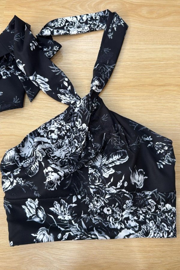 (PREORDER) *TPZ* ASTER HALTER RIBBON TOP IN TOILE DE FORTUNE BLACK TOILE