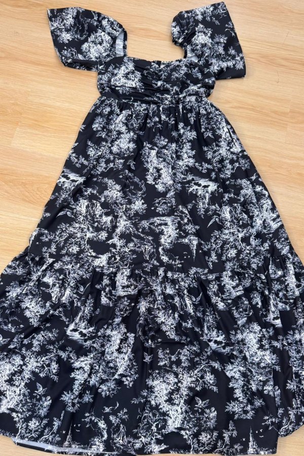 (PREORDER) *TPZ* DIARA DROP HEM SLEEVES MAXI DRESS 2.0 IN TOILE DE ETERNITY BLACK