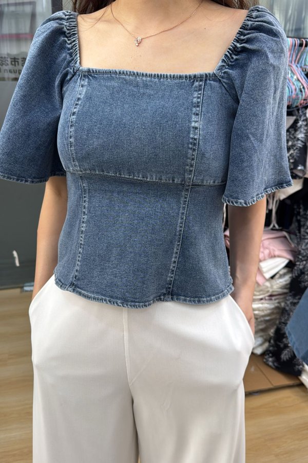 (PREORDER) *TPZ* MON CHERIE DENIM SLEEVED TOP IN DARK WASH