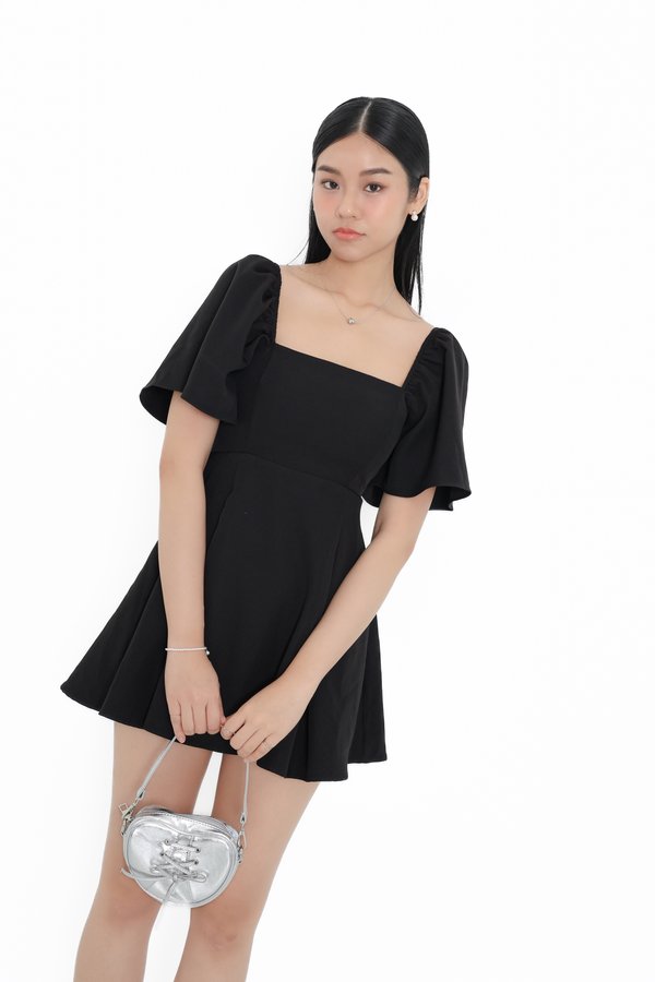 (PREORDER) *TPZ* ELLE FLUTTER SLEEVES DRESS ROMPER 2.0 WITH DETACHABLE SHORTS IN BLACK