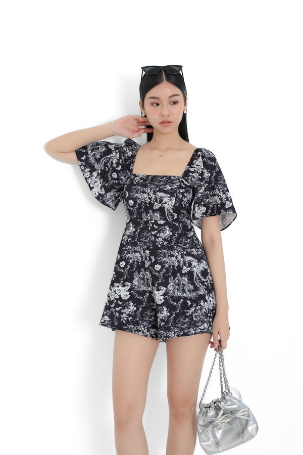 (PREORDER) *TPZ* BELLE FLUTTER SLEEVES ROMPER IN TOILE DE ROMANCE BLACK