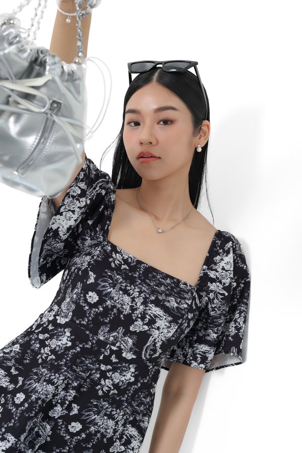 (PREORDER) *TPZ* BELLE FLUTTER SLEEVES ROMPER IN TOILE DE ROMANCE BLACK