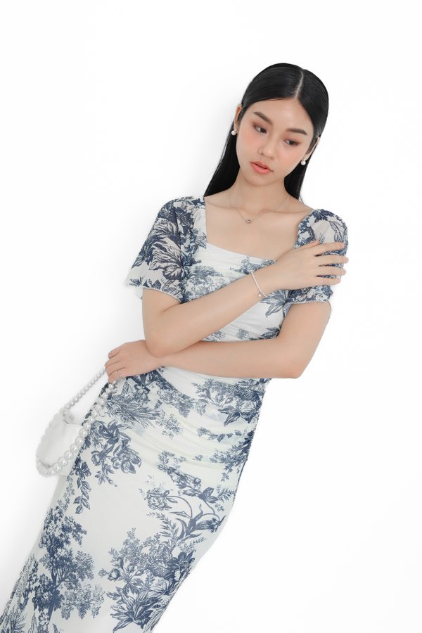 (PREORDER) *TPZ LUXE MESH* ELVA MESH FLUTTER SLEEVES DRESS IN TOILE DE WINDFALL DEEP BLUE
