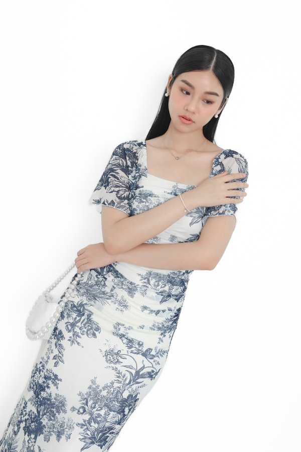 (PREORDER) *TPZ LUXE MESH* ELVA MESH FLUTTER SLEEVES DRESS IN TOILE DE WINDFALL DEEP BLUE