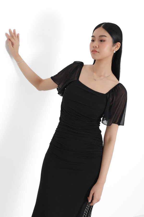 (PREORDER) *TPZ LUXE MESH* ELVA MESH FLUTTER SLEEVES DRESS IN BLACK