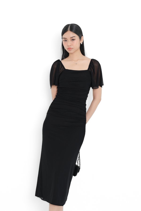 (PREORDER) *TPZ LUXE MESH* ELVA MESH FLUTTER SLEEVES DRESS IN BLACK