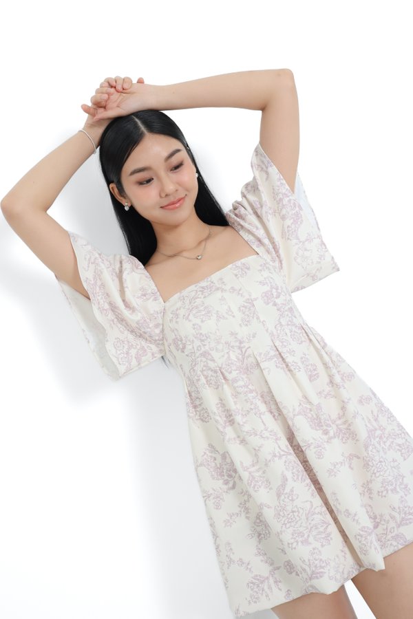 (PREORDER) *TPZ* BUBBLE FLUTTER SLEEVES DRESS ROMPER WITH DETACHABLE SHORTS IN TOILE DE HAPPINESS LILAC