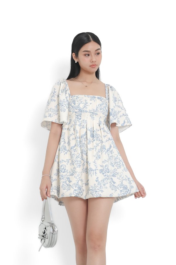 (PREORDER) *TPZ* BUBBLE FLUTTER SLEEVES DRESS ROMPER WITH DETACHABLE SHORTS IN TOILE DE HAPPINESS BABY BLUE