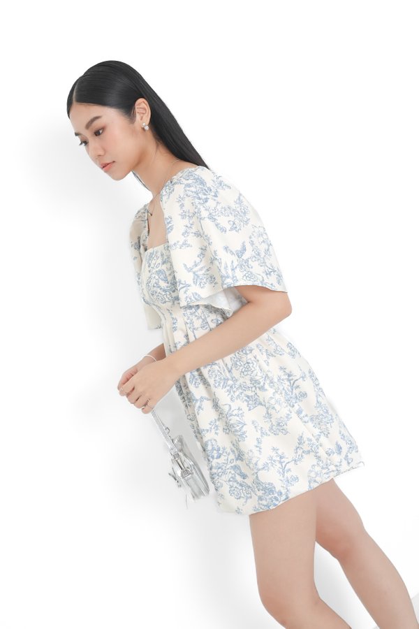 (PREORDER) *TPZ* BUBBLE FLUTTER SLEEVES DRESS ROMPER WITH DETACHABLE SHORTS IN TOILE DE HAPPINESS BABY BLUE