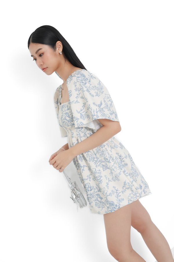 (PREORDER) *TPZ* BUBBLE FLUTTER SLEEVES DRESS ROMPER WITH DETACHABLE SHORTS IN TOILE DE HAPPINESS BABY BLUE