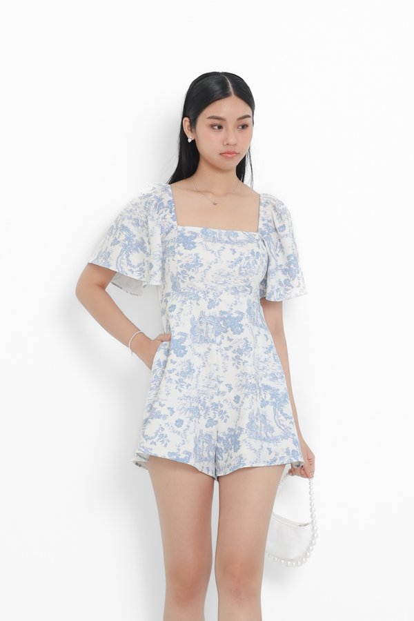 (PREORDER) *TPZ* BELLE FLUTTER SLEEVES ROMPER IN TOILE DE ROMANCE BABY BLUE