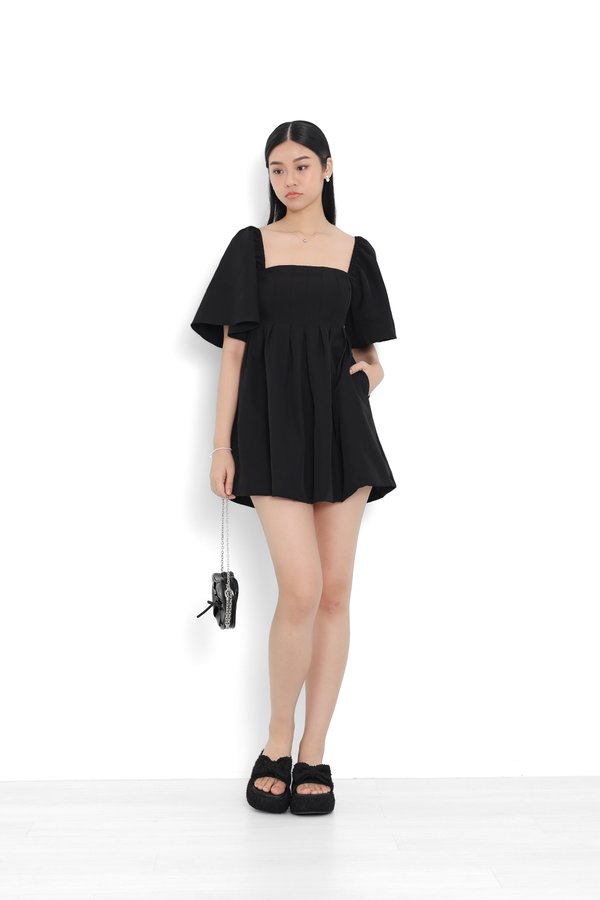 (PREORDER) *TPZ* BUBBLE FLUTTER SLEEVES DRESS ROMPER WITH DETACHABLE SHORTS IN BLACK