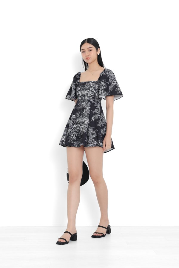 (PREORDER) *TPZ* ELLE FLUTTER SLEEVES DRESS ROMPER 2.0 WITH DETACHABLE SHORTS IN SIGNATURE BLACK TOILE