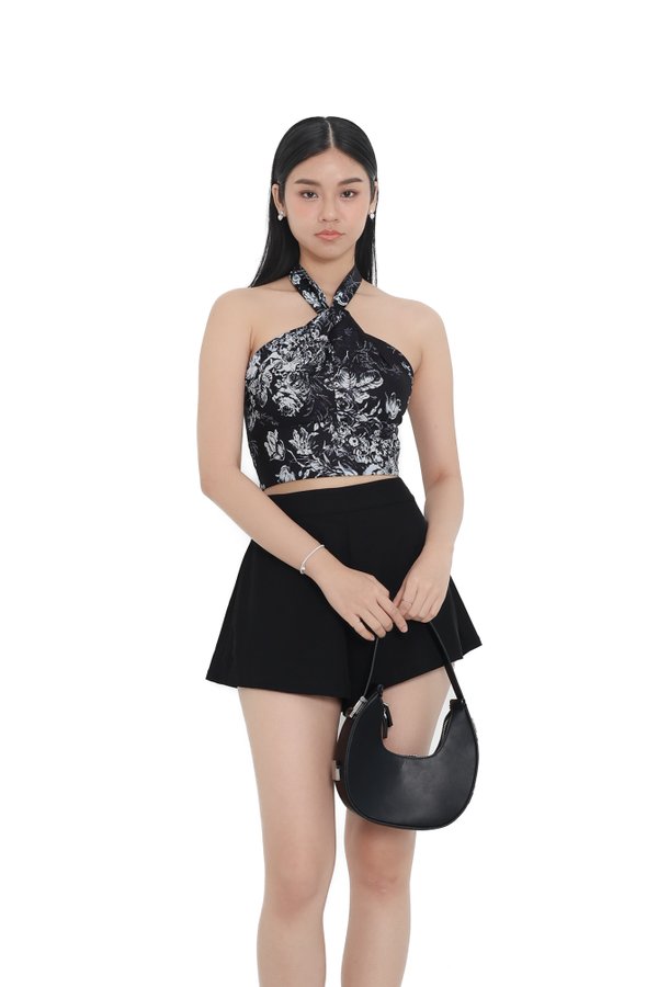 (PREORDER) *TPZ* ASTER HALTER RIBBON TOP IN TOILE DE FORTUNE BLACK TOILE